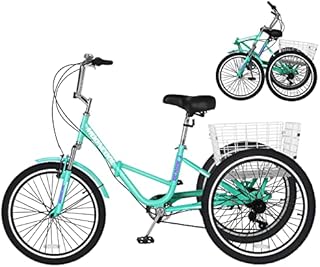 Slsy Adult Folding Tricycles, 7 Speed Folding Adult Trikes, 20 24 26 Inch 3 Wheel Bikes with Low Step-Through, Foldable Tricycle for Adults, Women, Men, Seniors. (Soft Green, 20
