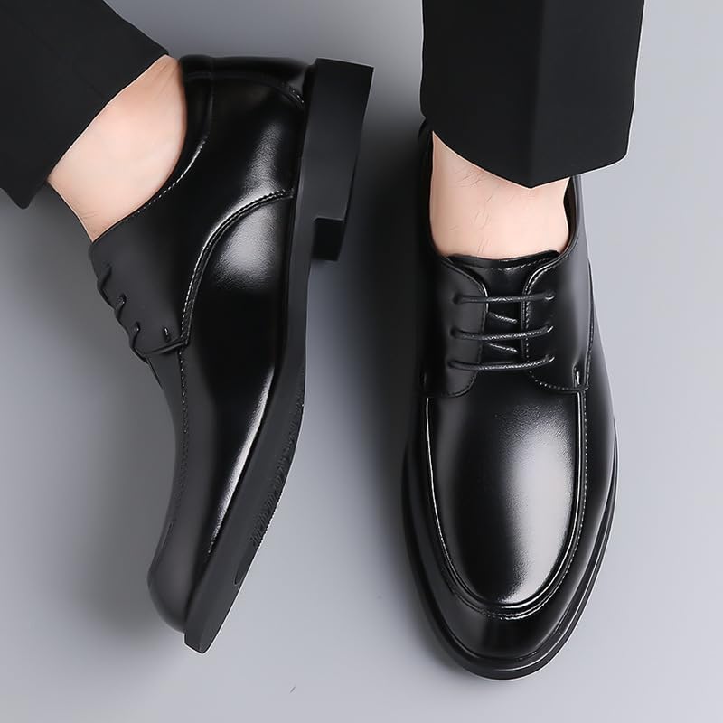 Dress Shoes for Men Lace Up Round Toe Vegan Leather Apron Toe Derby Shoes Block Heel Slip Resistant Low Top Prom