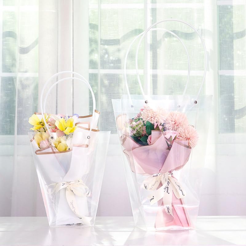 Miniatura 7 de SOUJOY Paquete de 10 bolsas transparentes para ramo de flores, bolsas de regalo extra grandes con asas largas, 13 pulgadas de largo x 8.2 pulgadas