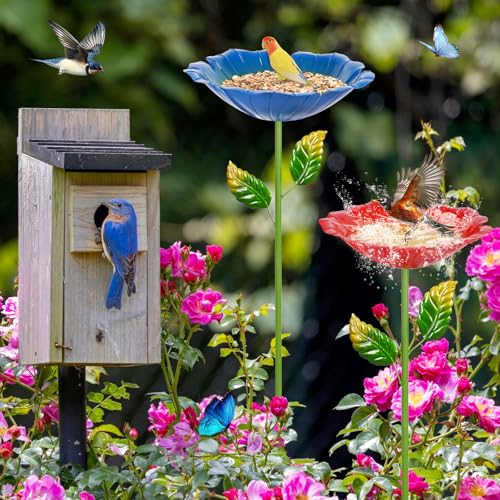 Image of 2 Pack Bird Bath for Outside, Outdoors Garden Decor Flower Birdbath | Colorful Metal Bird Bowl with Five Stakes for Hummingbird Baths & Bird Feeders, 31.3 inch H x 10.63 inch Dia (Cyan, Deep Red)