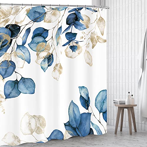 Omifly Eucalyptus Shower Curtain 60Wx72H Inch Blue Leaves Gold Watercolor Plant Bathroom Set Nature Botanical Leaf Floral With 12 Plastic Hooks Fabric Waterproof Toilet Accessories Decor #TOP1