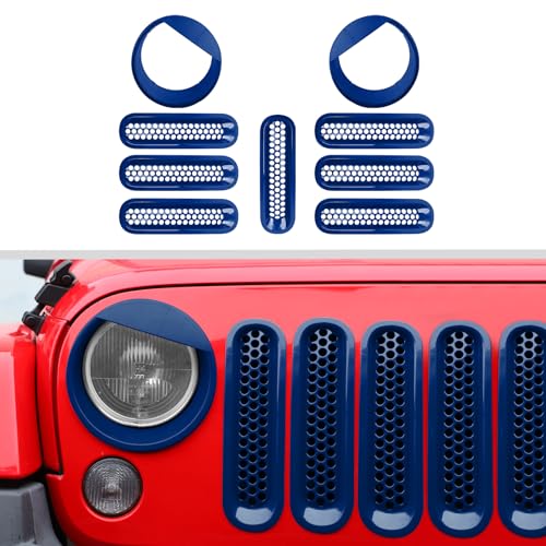 Image of JWWY Front Grille Insert Radiator Grille Grillwork Surround Assembly Inserts Headlight Headlamp Cover Trim Set Fit for 2007-2017 Jeep Wrangler JK JKU Exterior Accessories 9pcs Blue