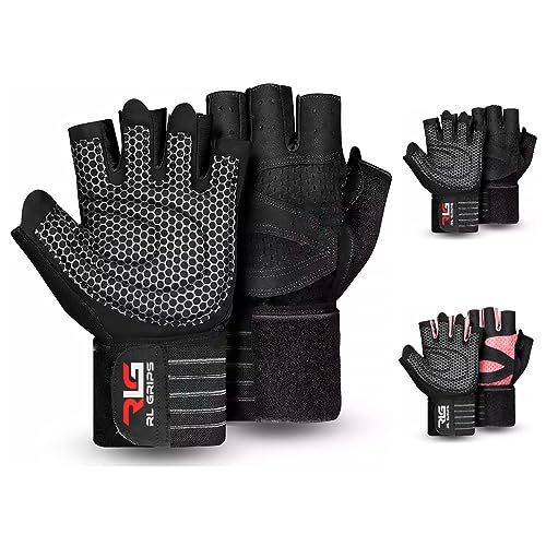 RL Grips® Guantes Gimnasio para Levantamiento de Pesas, Crossfit, Musculación con Muñequera y Grip de Silicona Antideslizante - Guantes Fitness para Hombre y Mujer con Muñequera (XL, Negro)