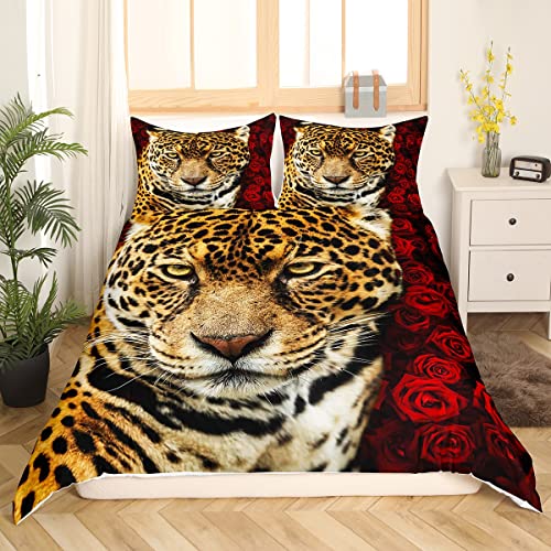 Brown Leopard Bedding Set King Size Red Rose Comforter Cover For Kids Adults African Safari Animals Duvet Cover Set Rose Floral Cheetah Print Jungle Wildlife Bedspreads Cover With 2 Pillow Cases #TOP3