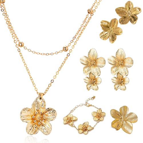 AHEJIOO 5 Stück Gold Schmuck Set Damen, Vintage Blumen Halskette Armband Ring und Statement Ohrringe, Goldschmuck Blumenohrringe Gold für Hochzeit Party, Goldene Ohrringe Damen Geschenkidee
