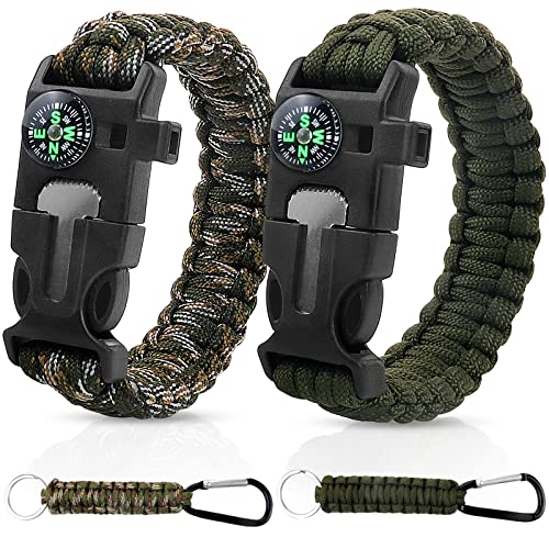 SDwfxd Juego de 2 pulseras de supervivencia, multifunción, paracord con 2 mosquetones y brújula integrada, arrancador de fuego, cuchillo de emergencia y Whistle