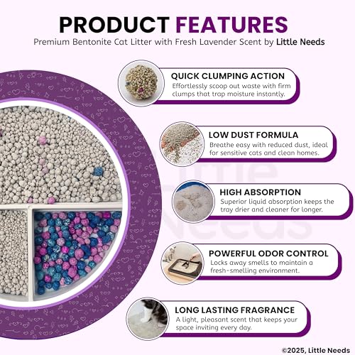 Image of Premium Bentonite Cat Litter Sand - 5Kg with Lavender Fragrance for Cats and Kittens | Clean Low-dust Strong Deodorant Litter Tray Refill with Odour Controlling and Instant Clumping
