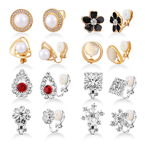 HIFOT 8 Pares Pendientes Clip Mujer, Oro Rosa Flor Perla Sin Agujero Plata Copo de Nieve Lágrima Set para Joyería Mujer Niñas