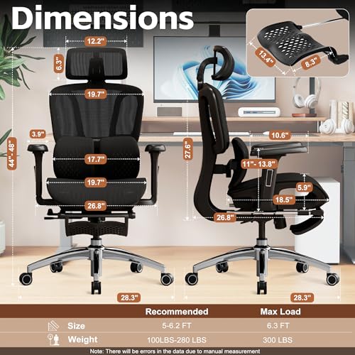 Image of Vonesse Ergonomic Office Chair with Footrest, Desk Chairs with Adjustable 3D Headrest and Armrests, Computer Gaming Chair with Dynamic Lumbar Support & Adjustable Depth Breathable Mesh Seat (Black)