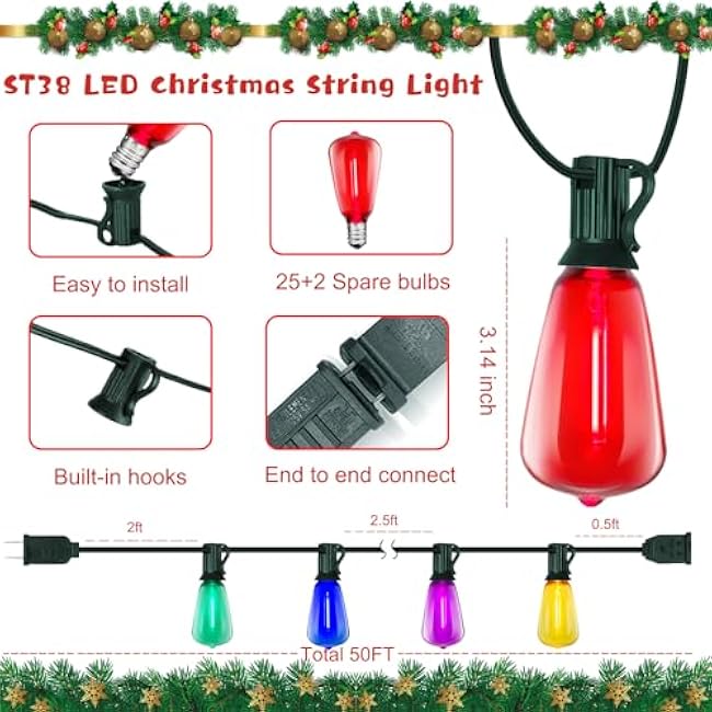 LED Outdoor String Lights Waterproof 50FT Christmas Patio Lights with 27 ST38 Shatterproof Multicolor Bulbs(2 Spare), Connectable Outside Hanging Christmas Lights for Backyard Yard Gazebo Porch Party