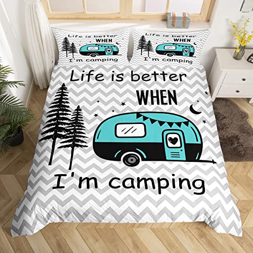 Kids Adults Camper Duvet Cover Set Queen,Rustic Natural Farmhouse Grey Bedding Set 3Pcs For Trailer Rv Decor,Moonlight Wild Adventure Comforter Cover,Sports Quilt Cover With 2 Pillowcases #TOP14