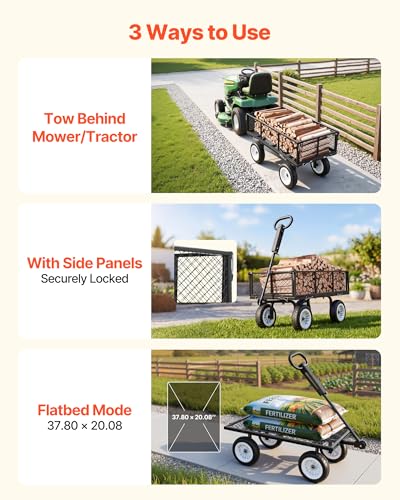 Image of VEVOR 900 LBS Steel Garden Cart, 2 in 1 Handle, Heavy Duty Pullable Garden Wagon with 10 inch Flat-Free Tires, Outdoor Utility Yard Wagon Cart with Detachable Side Panels, Attach to ATV or Tractor