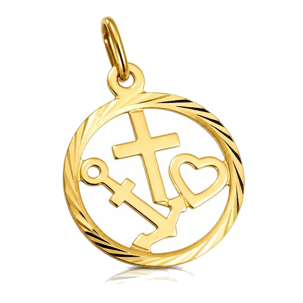 CLEVER SCHMUCK Glaube Liebe Hoffnung Kette Gold Ø 14 mm diamantiert + Panzerkette 45 cm STERLING 925 vergoldet im Luxus Etui