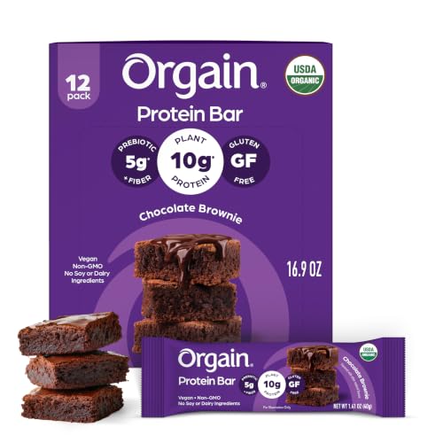 Orgain Organic Vegan Protein Snack Bars, Chocolate Brownie - 10g Plant-Based Protein, 5g Sugar, Macro Friendly, No Dairy or Soy Ingredients, Gluten Free, Non-GMO - 1.41 oz (Pack of 12)