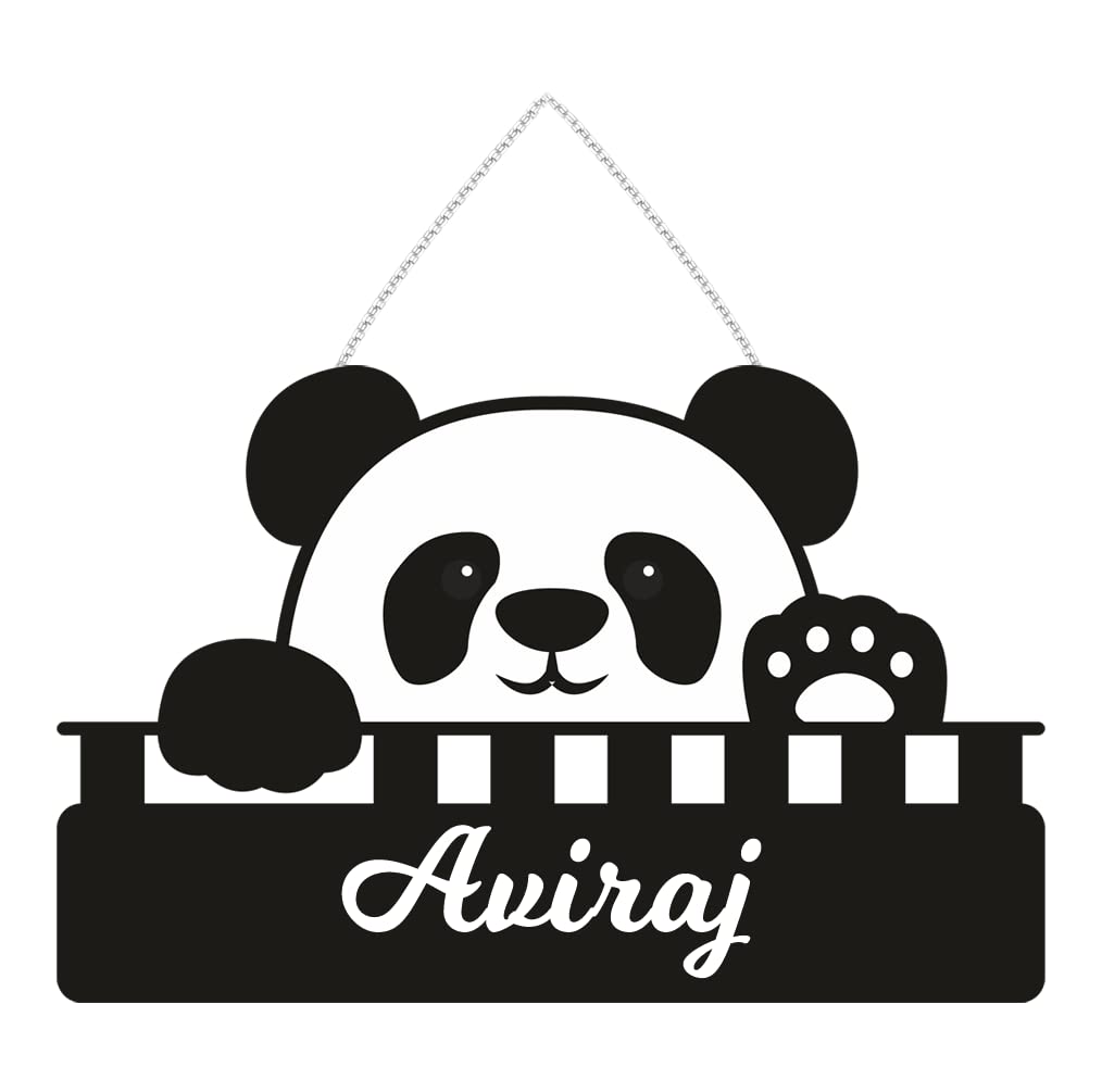 Cute Panda Customised Name Plate with Hanging Chain | Gift for Kids on Birthday | Return Gift | Kids Room Decor | Door Sign | Size: 11.5 x 7.5 inch | Name - Aviraj