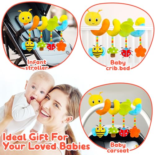 Image of TSYAN Caterpillar Spiral Stroller Toy with Teether | Soft travel activity plush features a bee, ladybug, and flower teether. Perfect for on-the-go sensory play and soothing.