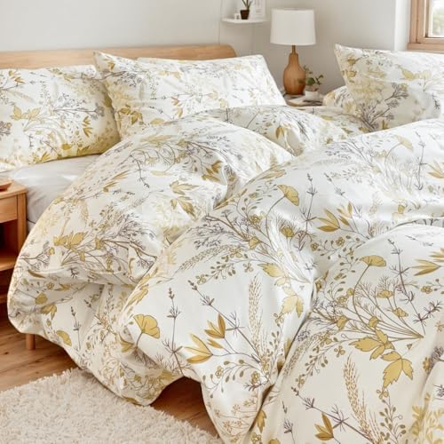 Nayoroom Bettwäsche Baumwolle 200x220 Blumen Weiß mit Gold Blätter Bettbezug Set 3 Teilig Gelb Aesthetic Modern Golden Pflazenmuster Botanisch...