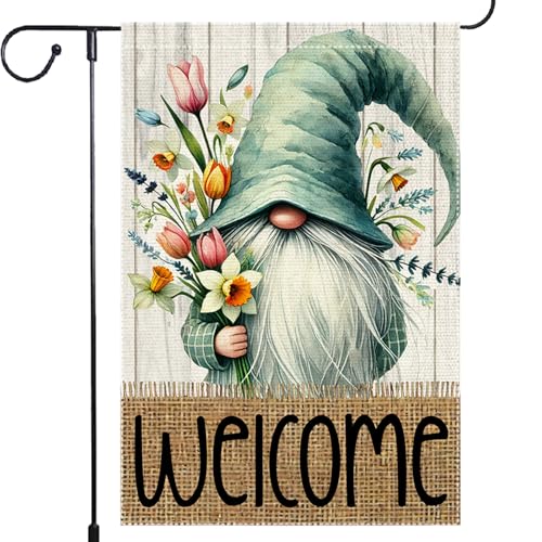 Welcome Spring Garden Flag 12x18 inch Burlap Double Sided Gnome Colorful Floral Small Summer Garden Flags Decorations For Outside Yard Home Outdoor Patio Lawn Decor