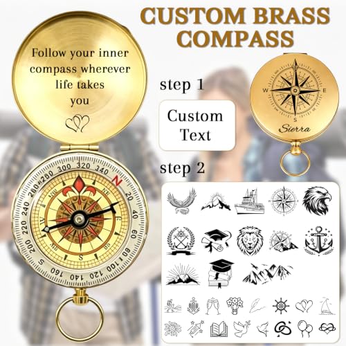Brújula personalizada de latón con grabado con texto de nombre, portátil, impermeable y luminosa, regalo para hombres, papá, graduación, senderismo y camping miniatura 2