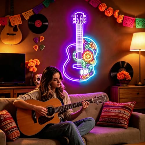Image of Sugar Skull Guitar Neon Sign, Day of the Dead Inspired LED Neon Light, USB Powered Dimmable Music Wall Decor for Home Bar, Music Room, Bedroom, Halloween Party, Gifts for Guitar Players