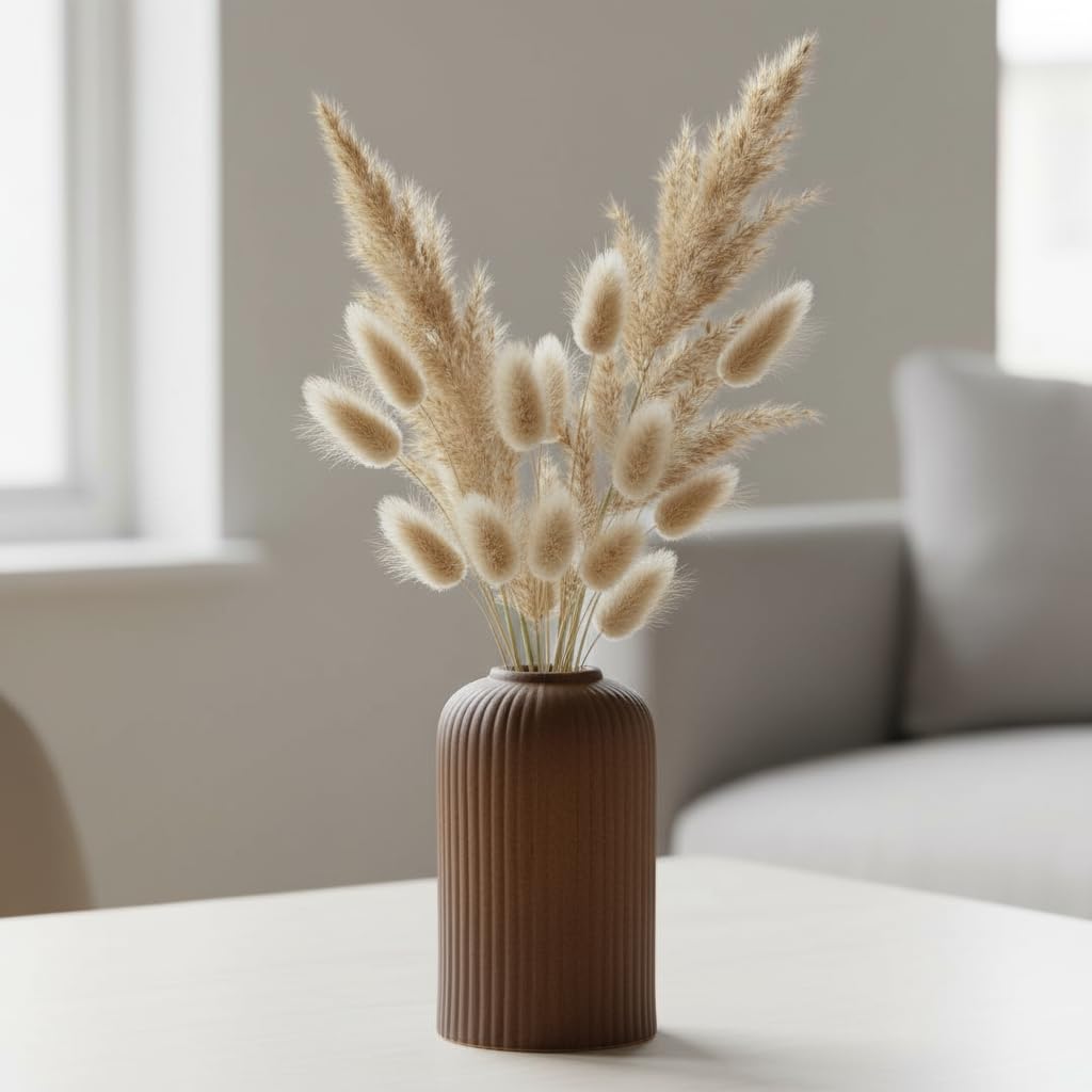 PUREZENTO Brown Ribbed Texture Ceramic Vase - 6 Inch | Vases for Decor Centerpiece Home Decor, Office, Living Room | Decorative Vases for Pampas Grass, Dried & Artificial Flowers-picture-37
