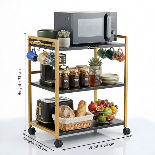 Image of 3 Tier Microwave Oven Stand with Wheels & Hooks - Kitchen Storage Rack, Metal Bakers Rack Kitchen Organizer Shelf for Microwave, Air Fryer & Appliances