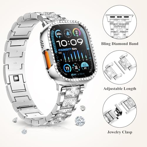 Image of SUPOIX for Apple Watch Band 49mm + Case, Bling Bands for Women (Silver) | Shiny Metal Bands & 2 Pack Protective Cover Cases for iWatch Ultra 49mm