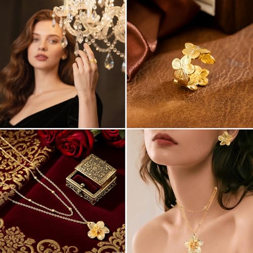 AHEJIOO 3er-Set Schmuck, Goldene Ohrringe Damen, Blumen Ohrringe Goldene, Gold Schmuck, Ring Gold, Vintage Goldschmuck Set Mit Blumen Halskette Und Ring, Ideal Für Hochzeiten Und Besondere Anlässe – Bild 5