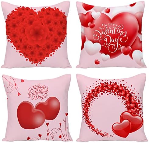EZVING Red Pillow Covers 16x16, Valentines Day Pillow Covers 16x16, Decorative Throw Pillow Covers with Red Heart Valentine's Day Case Set of 4 for Couch Sofa Living Room Outdoor Decorations