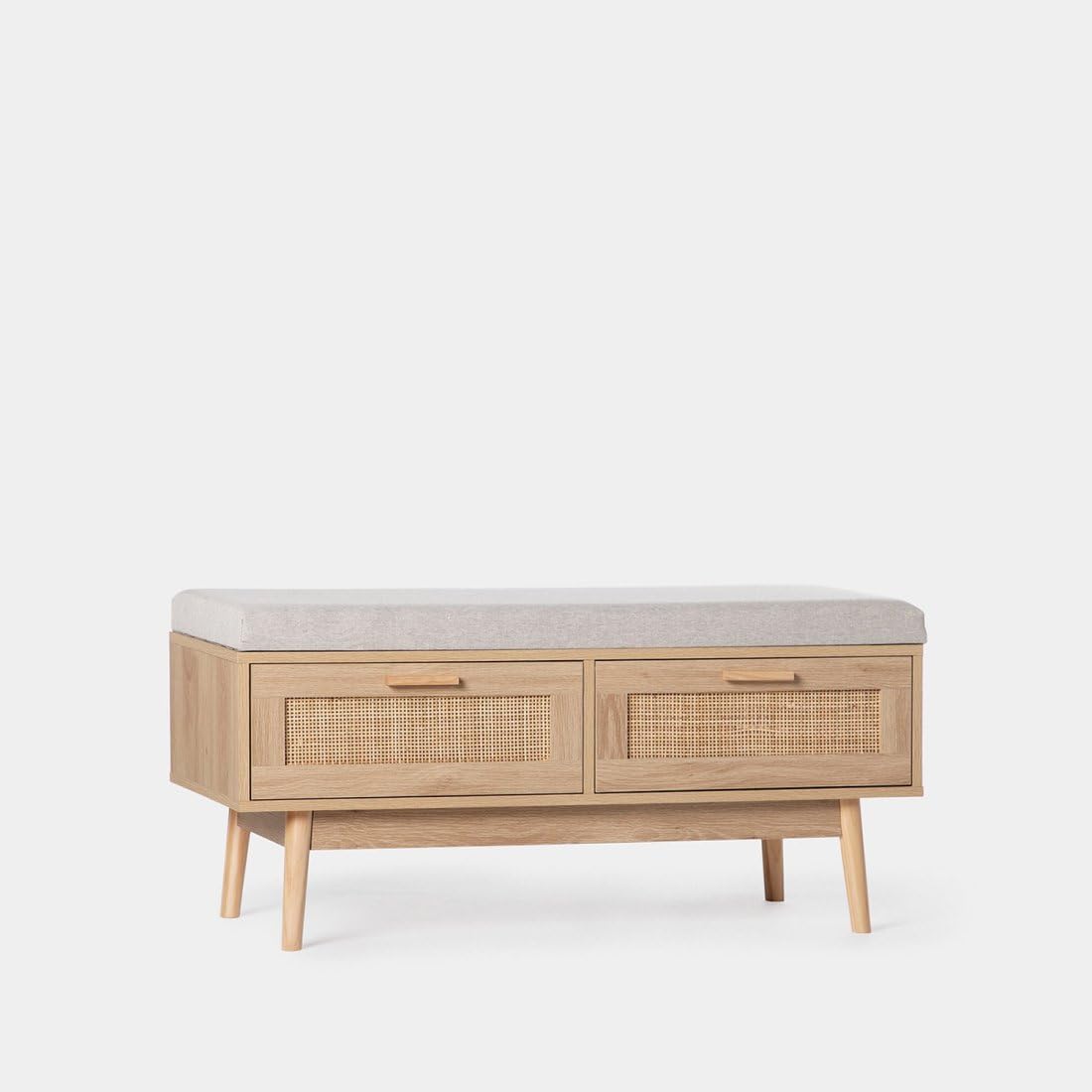 KLAST Banc en Bois et Rotin Naturel avec Coussin Tahiti Comprend Deux Tiroirs et Apporte Une Touche Naturelle et Confort à Tout Espace