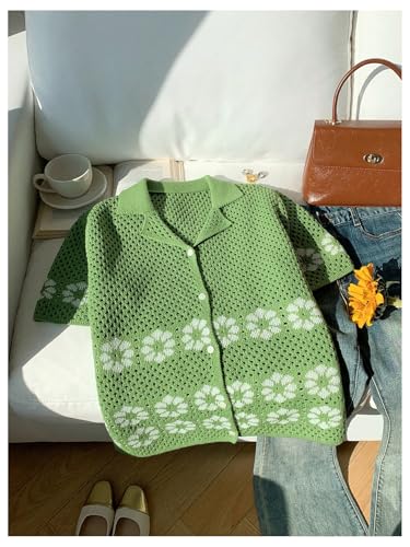 Women's Floral Crochet Sweater Cardigan Hollow Out Button Down Short Sleeve Collared Sweaters3
