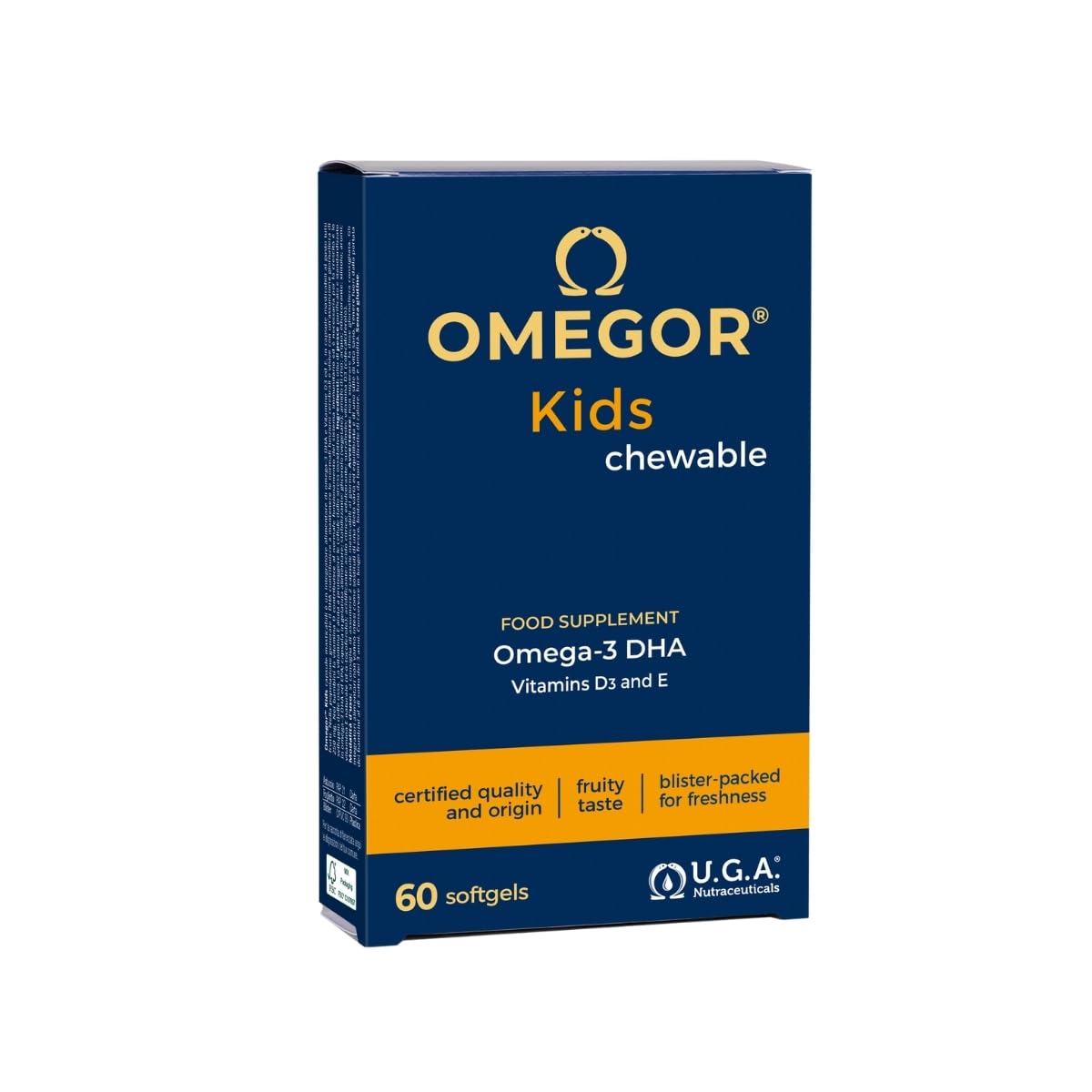 Omega 3 Kids OMEGOR - Omega3, 125mg DHA, Vitamin D3 and E for 3+ Children - Food Supplement for Brain, Eyes and Bones - 60 Fruit Flavoured Chewable Capsules