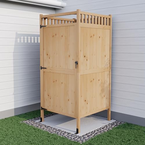 Solid Wood Outdoor Shower Enclosure Kit with Lockable Privacy Stall and Changing Room, Freestanding Natural Wooden Cabana with Shelf and Stainless Steel Towel Bar for Backyard Poolside & Garden