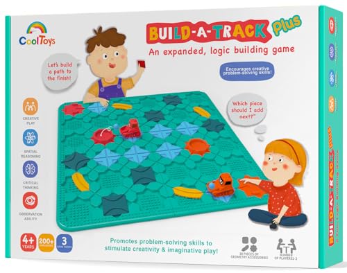 cooltoys build-a-track plus brain teaser puzzles for kids ages 4-8 - educational smart logic board game for children, 4 levels & 200+ skill-building challenges, travel boys & girls stem activity