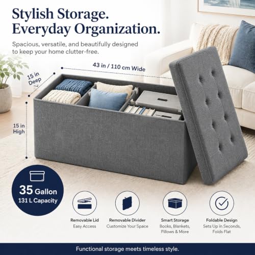 Image of ALASDO 43 Inch Folding Storage Ottoman Bench with Hidden Storage, PU Leather Ottoman Foot Rest Stool, End of Bed Bench for Bedroom, Living Room, Entryway and Closet, Grey