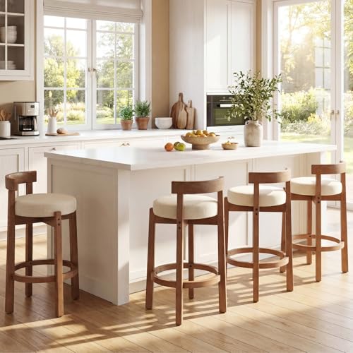 Image of CIMOTA 26.5 inch Counter Height Bar Stools Set of 3 | Mid Century Modern Low Back Bar Chairs with Solid Wood Legs & Linen Upholstered Seat, Kitchen Island Stools, Beige
