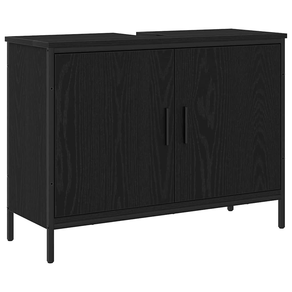 Mueble bajo lavabo de roble negro, 80 x 30 x 60 cm, material de madera con marco de acero, 2 puertas, moderno mueble de baño que ahorra espacio para pequeños baños y aseos de invitados