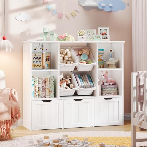 Image of Toy Storage Organizer with 4 Toy Bins, Toy Organizer Kids Bookshelf with 3 Movable Drawers and 4 Open Cubbies, Toy Bins for Kids Organizer Playroom Storage for Living Room with Hidden Wheels, White