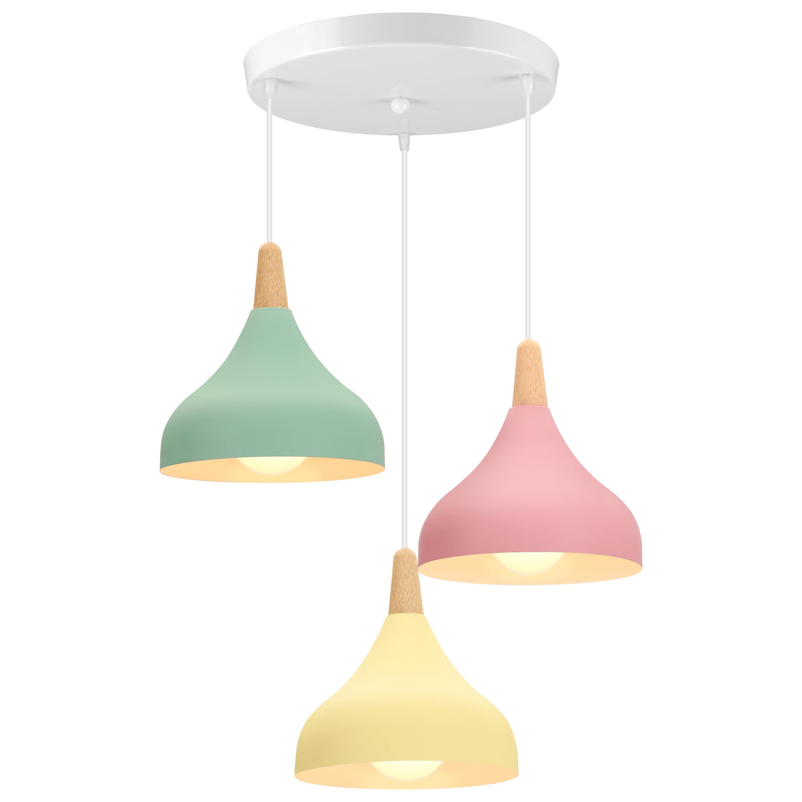 iDEGU 3 Luces Lámpara de Techo Retro LED Lámpara Colgante Moderna Estilo Gota E27 Iluminación de Techo Vintage en Madera Metal Luz de Araña para Dormitorio Comedor Cocina Salón (Verde+Rosa+Amarillo)