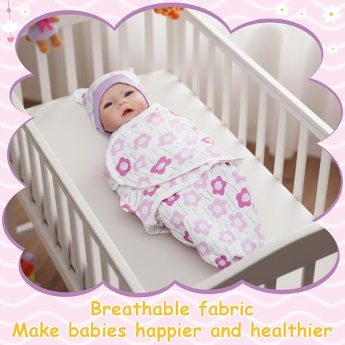 Image of Ramede 6 Pack Swaddle Blanket with Hats for Baby Girl Boy 100% Cotton Swaddles 0-3 Months, Adjustable Breathable Skin Friendly Receiving Blanket Wrap, Essential for Newborns(Tree,Purple)