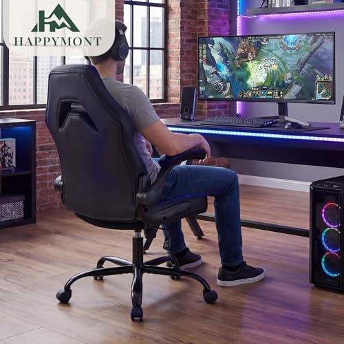 Image of Ergonomic Computer Gaming Chair - Home Office Desk with PU Leather Lumbar Support, Adjustable Big and Tall Video Game with Flip-up Armrest, Swivel Wheels for Adults and Teens,Black Blue