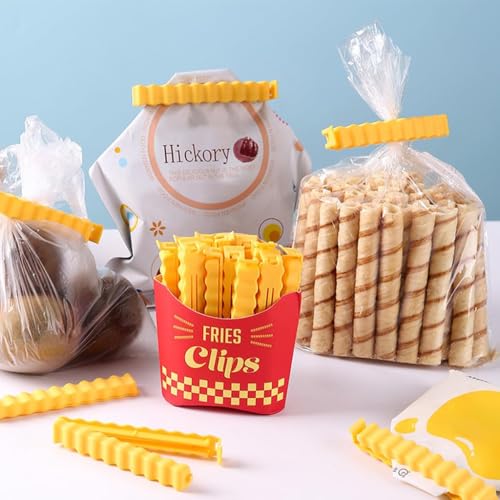 Image of 24 PCS Creative French Fries Snack Sealing Clips with Magnetic Storage Box - Crinkle Design Air-Tight Food Sealer for Kitchen Pouch, Chips, and Dry Fruits - Fridge Magnet Holder (Yellow)