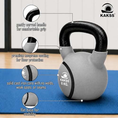Image of Kakss Half Coating Neoprene Kettlebell (2kg to 40kg)(Proudly Made in India) (6kg, Grey)