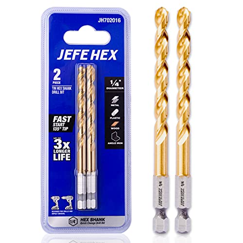 Jefe Hex 1/4" Hss Twist Titanium Drill Bits, Hex Shank For Quick Change, 135 Degree Easy Cut Split Point Drill Bit For Steel, Copper, Aluminum, Zinc Alloy, Wood, And Plastics (Pack Of 2). #TOP17