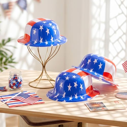 Image of Shyyween American Flag Plastic Hats Patriotic 4th of July USA Party Accessories Red White and Blue Hats for Independence Day