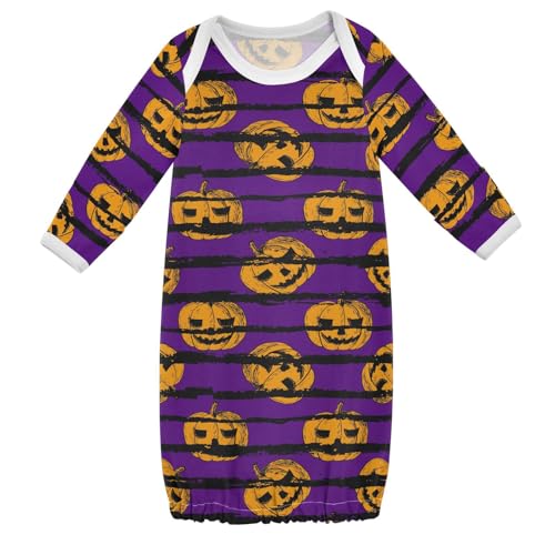 WIFIU Halloween Pumpkin Theme Baby Girls Boys Sleeper Gown Cotton Nightgown Long Sleeve, Purple Stripes Baby Nightdress Sleeping Clothes for Newborn 3-6 Months