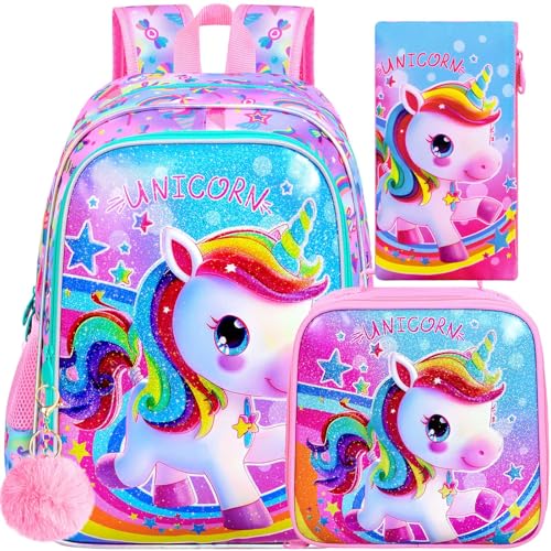Image of CCJPX 3PCS Kids Backpack for Girls, 16 inchUnicorn Preschool Bookbag Set, Cute Water Resistant School Bag for Elementary Kindergarten Toddler