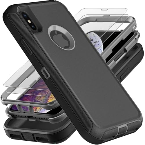 YmhxcY for iPhone Xs Max Case Military Grade 3 in 1 Heavy Duty Shockproof/Drop Proof/Dust Proof Case with 2Pcs Tempered Glass Screen Protector (Black/Grey)