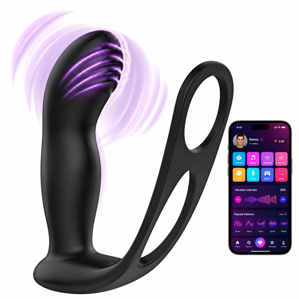 Vibrador Próstata Masculino Dildo Estimulación Próstata con Anillo para Pene 9 Modos de Vibración y Empuje Plug Anal Juguete Sexual para Hombres Control por APP Bluetooth
