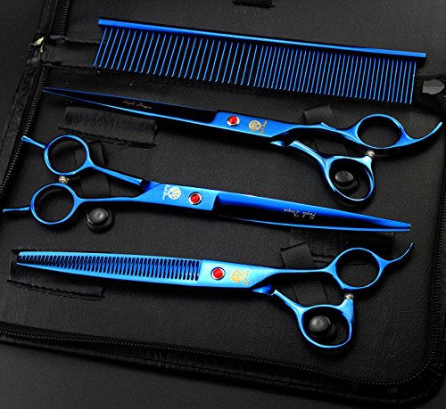 Image of Purple Dragon 8 inch 3 in 1 Professional Pet Grooming Thinning Scissors - Upward Curved Shears and Dog Hair Cutting Scissor - Perfect for Pet Groomer or Family DIY Use (Blue)